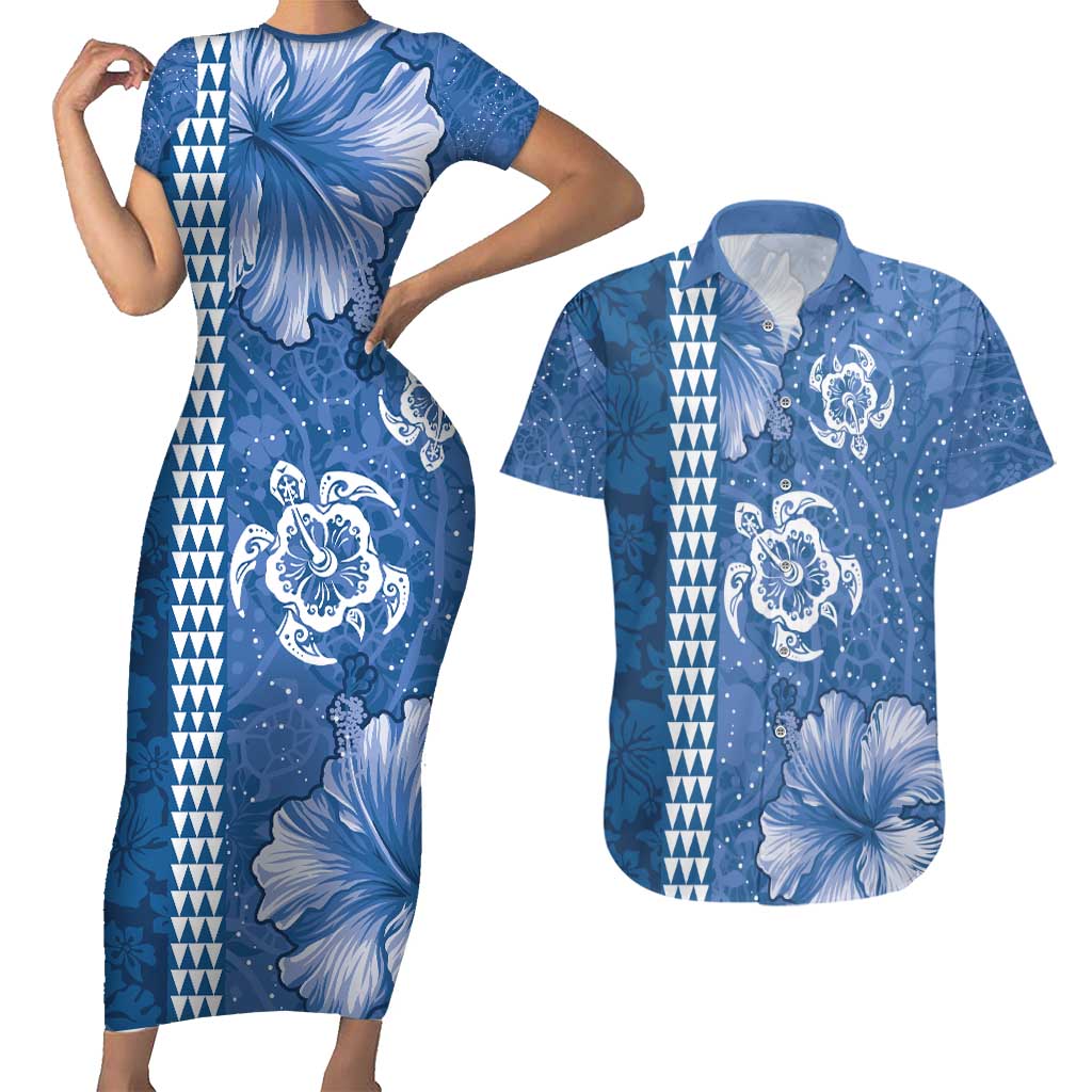 Blue Hibiscus Turle Couples Matching Short Sleeve Bodycon Dress and Hawaiian Shirt Hawaiian Style Tribal Tapa Pattern