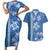 Blue Hibiscus Turle Couples Matching Short Sleeve Bodycon Dress and Hawaiian Shirt Hawaiian Style Tribal Tapa Pattern