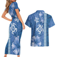 Blue Hibiscus Turle Couples Matching Short Sleeve Bodycon Dress and Hawaiian Shirt Hawaiian Style Tribal Tapa Pattern