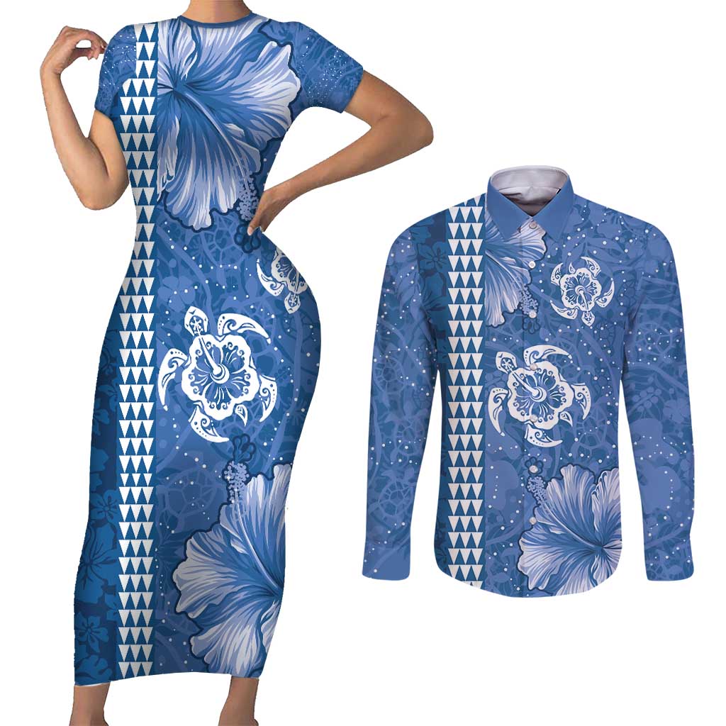 Blue Hibiscus Turle Couples Matching Short Sleeve Bodycon Dress and Long Sleeve Button Shirt Hawaiian Style Tribal Tapa Pattern