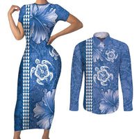 Blue Hibiscus Turle Couples Matching Short Sleeve Bodycon Dress and Long Sleeve Button Shirt Hawaiian Style Tribal Tapa Pattern