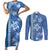 Blue Hibiscus Turle Couples Matching Short Sleeve Bodycon Dress and Long Sleeve Button Shirt Hawaiian Style Tribal Tapa Pattern