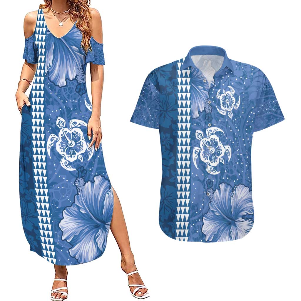 Blue Hibiscus Turle Couples Matching Summer Maxi Dress and Hawaiian Shirt Hawaiian Style Tribal Tapa Pattern