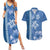 Blue Hibiscus Turle Couples Matching Summer Maxi Dress and Hawaiian Shirt Hawaiian Style Tribal Tapa Pattern