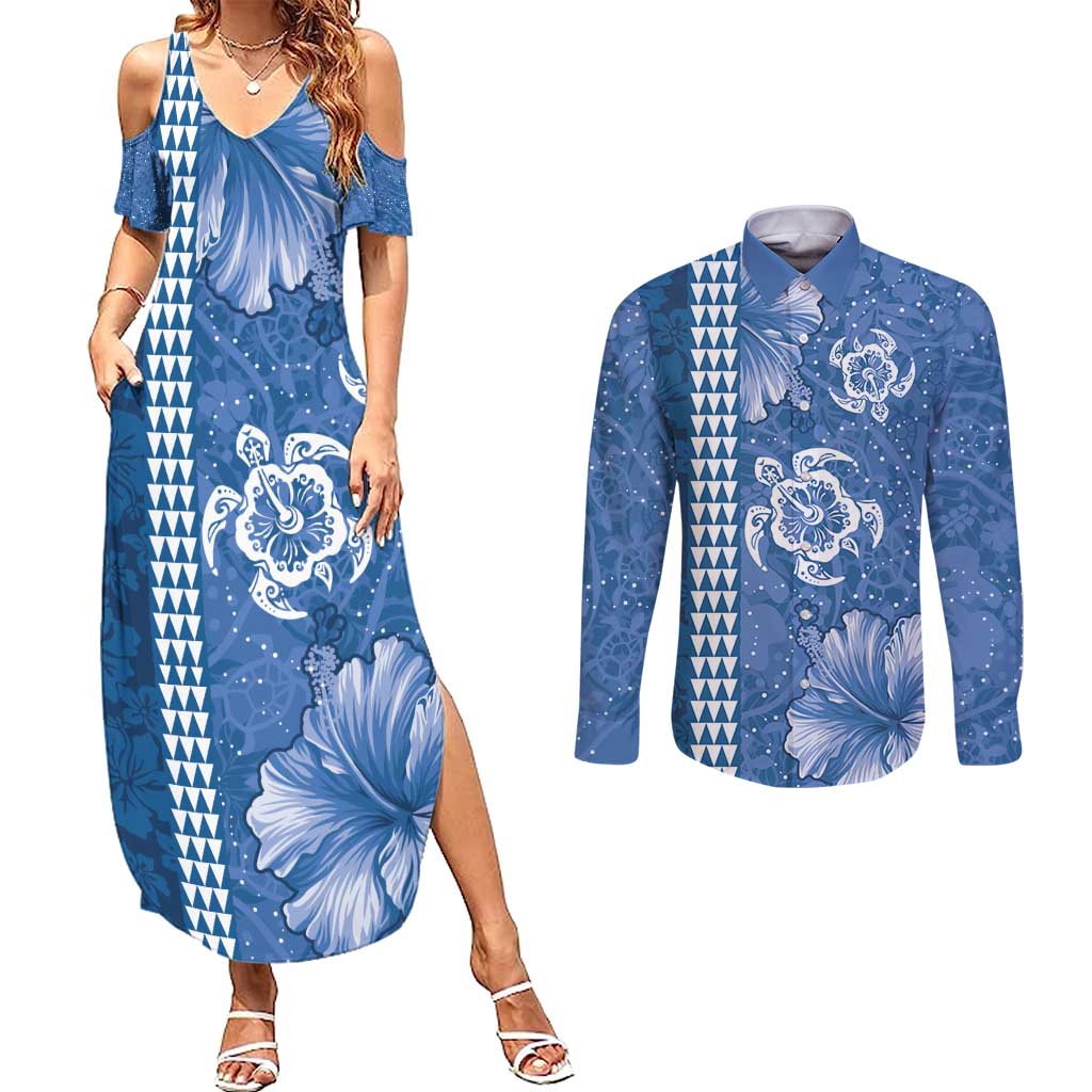 Blue Hibiscus Turle Couples Matching Summer Maxi Dress and Long Sleeve Button Shirt Hawaiian Style Tribal Tapa Pattern