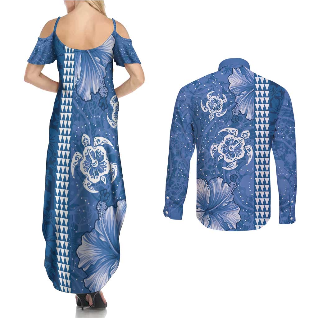 Blue Hibiscus Turle Couples Matching Summer Maxi Dress and Long Sleeve Button Shirt Hawaiian Style Tribal Tapa Pattern