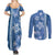 Blue Hibiscus Turle Couples Matching Summer Maxi Dress and Long Sleeve Button Shirt Hawaiian Style Tribal Tapa Pattern