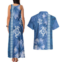 Blue Hibiscus Turle Couples Matching Tank Maxi Dress and Hawaiian Shirt Hawaiian Style Tribal Tapa Pattern