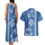 Blue Hibiscus Turle Couples Matching Tank Maxi Dress and Hawaiian Shirt Hawaiian Style Tribal Tapa Pattern