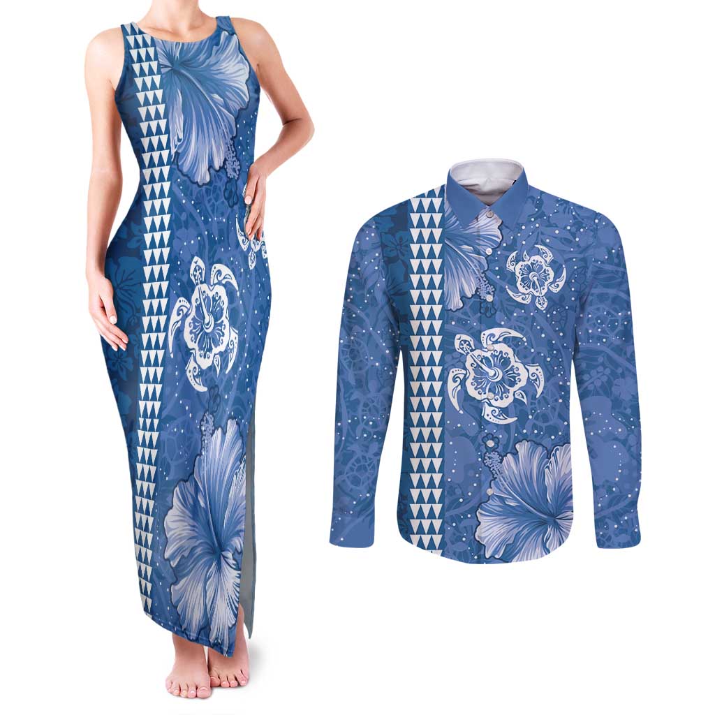 Blue Hibiscus Turle Couples Matching Tank Maxi Dress and Long Sleeve Button Shirt Hawaiian Style Tribal Tapa Pattern