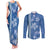 Blue Hibiscus Turle Couples Matching Tank Maxi Dress and Long Sleeve Button Shirt Hawaiian Style Tribal Tapa Pattern