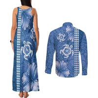 Blue Hibiscus Turle Couples Matching Tank Maxi Dress and Long Sleeve Button Shirt Hawaiian Style Tribal Tapa Pattern