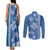 Blue Hibiscus Turle Couples Matching Tank Maxi Dress and Long Sleeve Button Shirt Hawaiian Style Tribal Tapa Pattern