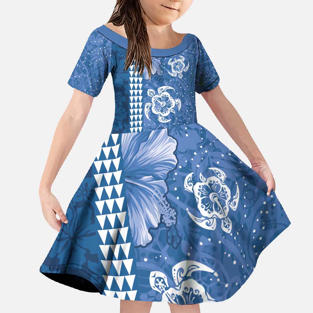 Blue Hibiscus Turle Family Matching Mermaid Dress and Hawaiian Shirt Hawaiian Style Tribal Tapa Pattern LT9 Daughter's Dress Blue - Polynesian Pride