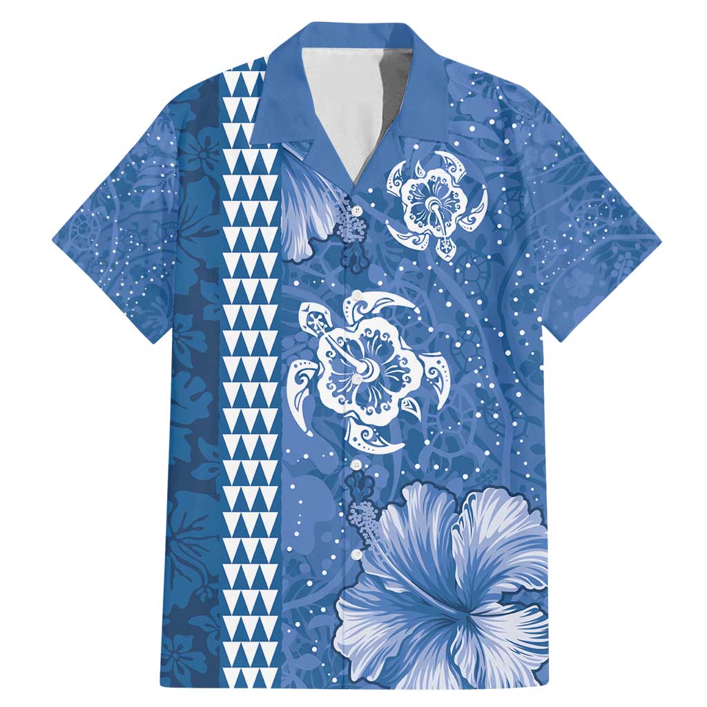 Blue Hibiscus Turle Family Matching Mermaid Dress and Hawaiian Shirt Hawaiian Style Tribal Tapa Pattern LT9 Dad's Shirt - Short Sleeve Blue - Polynesian Pride