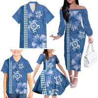 Blue Hibiscus Turle Family Matching Off The Shoulder Long Sleeve Dress and Hawaiian Shirt Hawaiian Style Tribal Tapa Pattern LT9 - Polynesian Pride