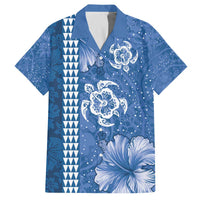 Blue Hibiscus Turle Family Matching Off The Shoulder Long Sleeve Dress and Hawaiian Shirt Hawaiian Style Tribal Tapa Pattern LT9 Dad's Shirt - Short Sleeve Blue - Polynesian Pride
