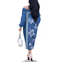 Blue Hibiscus Turle Family Matching Off The Shoulder Long Sleeve Dress and Hawaiian Shirt Hawaiian Style Tribal Tapa Pattern LT9 - Polynesian Pride
