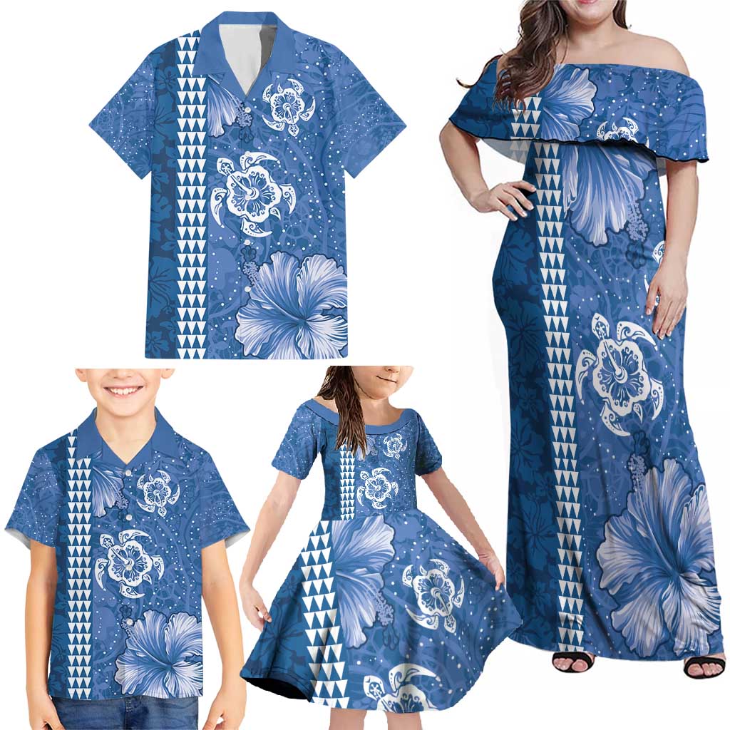 Blue Hibiscus Turle Family Matching Off Shoulder Maxi Dress and Hawaiian Shirt Hawaiian Style Tribal Tapa Pattern