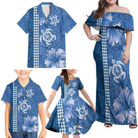 Blue Hibiscus Turle Family Matching Off Shoulder Maxi Dress and Hawaiian Shirt Hawaiian Style Tribal Tapa Pattern