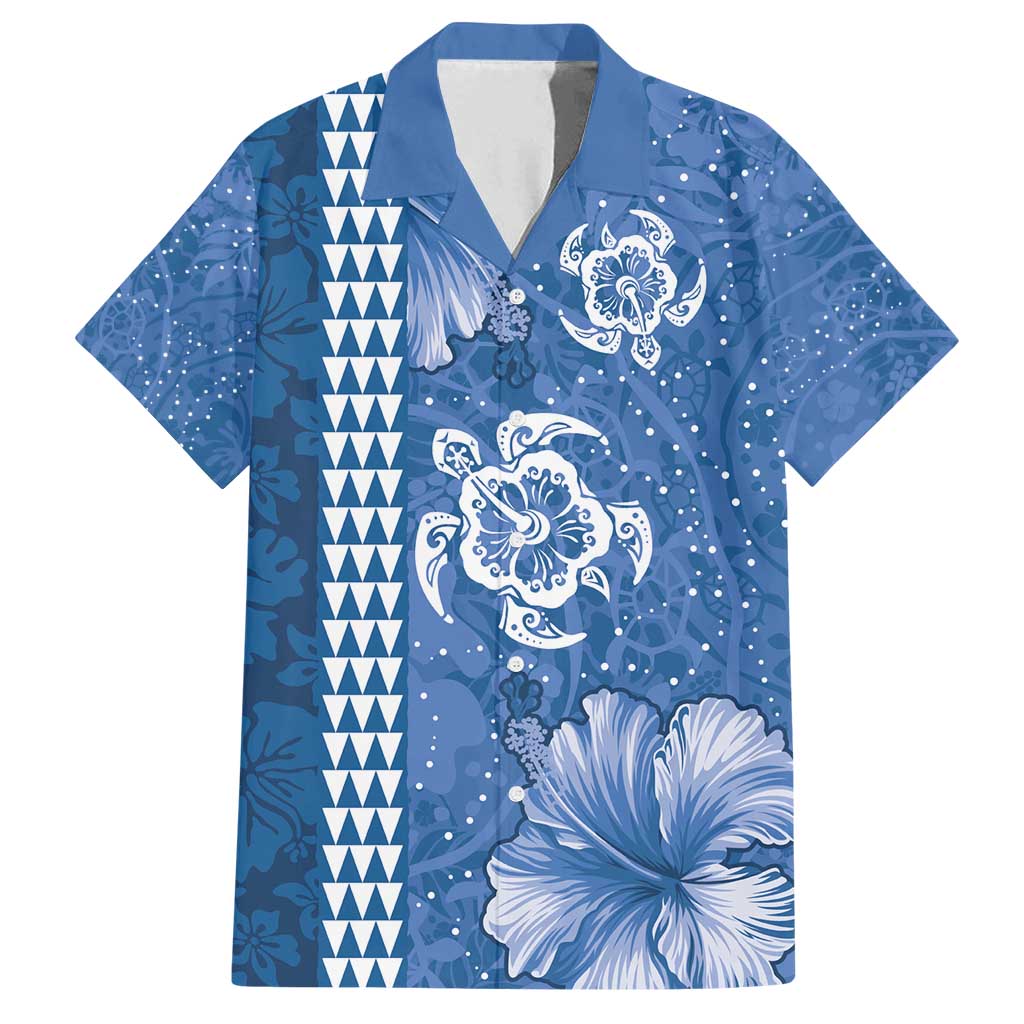 Blue Hibiscus Turle Family Matching Off Shoulder Short Dress and Hawaiian Shirt Hawaiian Style Tribal Tapa Pattern LT9 Dad's Shirt - Short Sleeve Blue - Polynesian Pride
