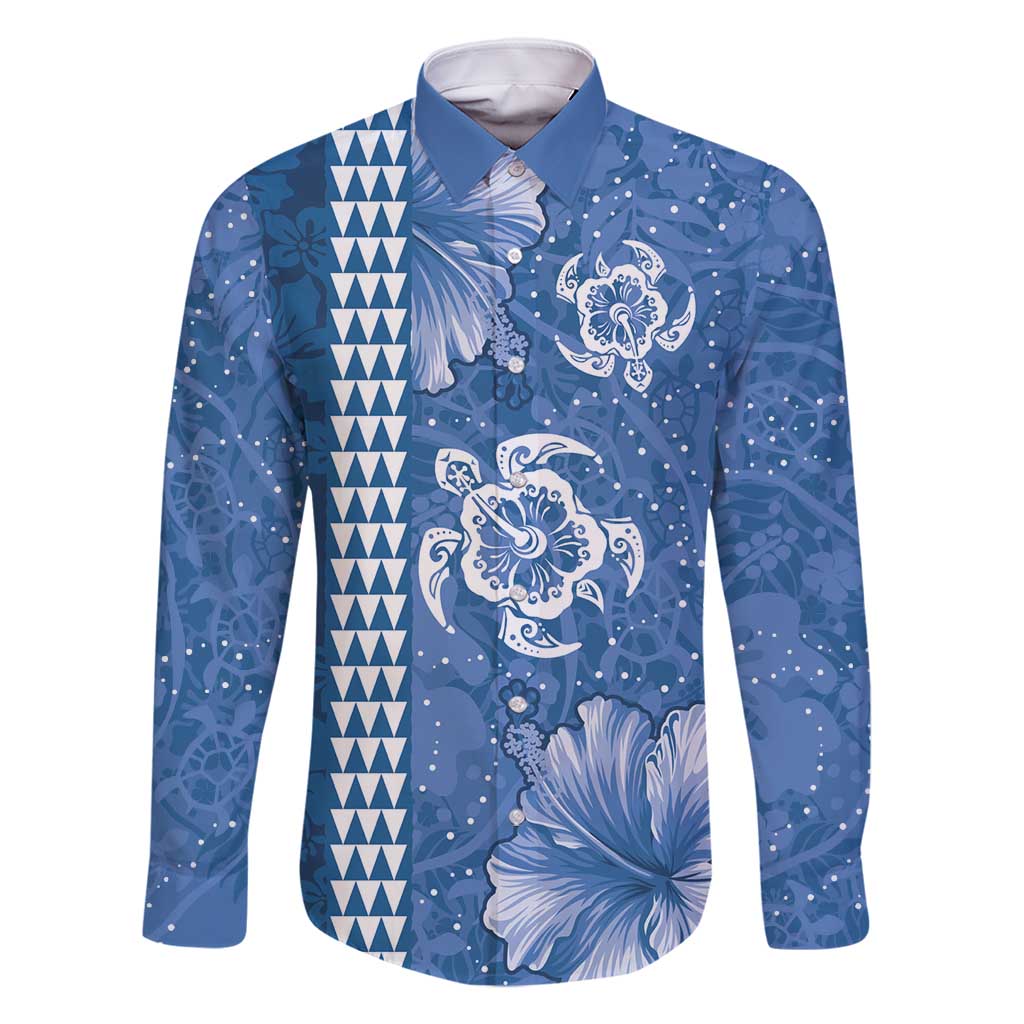 Blue Hibiscus Turle Family Matching Off Shoulder Short Dress and Hawaiian Shirt Hawaiian Style Tribal Tapa Pattern LT9 Dad's Shirt - Long Sleeve Blue - Polynesian Pride