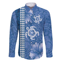 Blue Hibiscus Turle Family Matching Off Shoulder Short Dress and Hawaiian Shirt Hawaiian Style Tribal Tapa Pattern LT9 Dad's Shirt - Long Sleeve Blue - Polynesian Pride