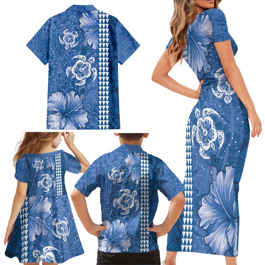Blue Hibiscus Turle Family Matching Short Sleeve Bodycon Dress and Hawaiian Shirt Hawaiian Style Tribal Tapa Pattern LT9 - Polynesian Pride