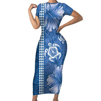 Blue Hibiscus Turle Family Matching Short Sleeve Bodycon Dress and Hawaiian Shirt Hawaiian Style Tribal Tapa Pattern LT9 Mom's Dress Blue - Polynesian Pride