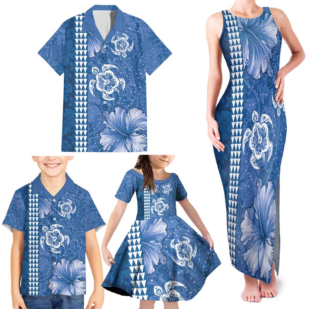 Blue Hibiscus Turle Family Matching Tank Maxi Dress and Hawaiian Shirt Hawaiian Style Tribal Tapa Pattern