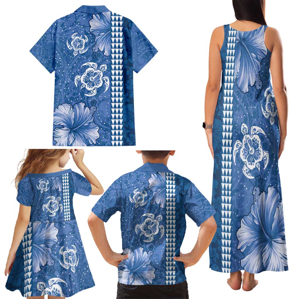 Blue Hibiscus Turle Family Matching Tank Maxi Dress and Hawaiian Shirt Hawaiian Style Tribal Tapa Pattern