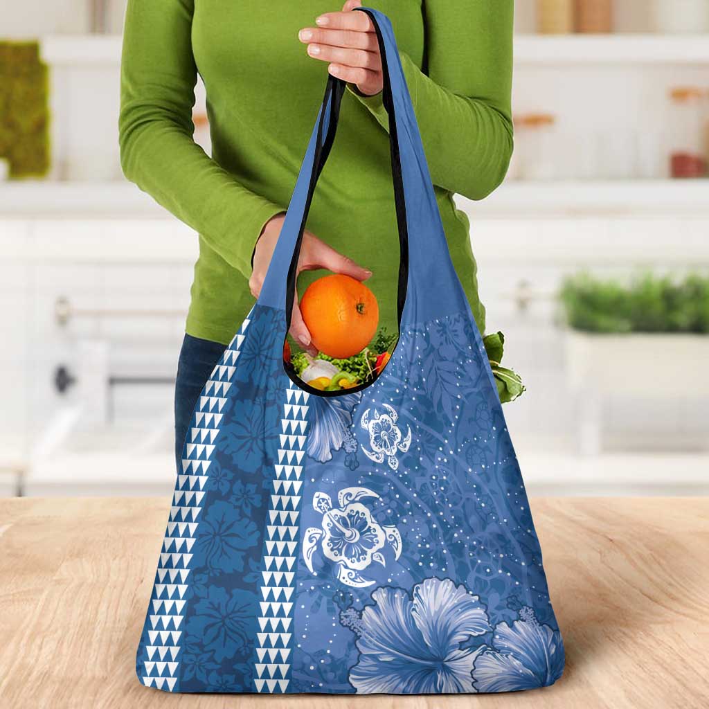 Blue Hibiscus Turle Grocery Bag Hawaiian Style Tribal Tapa Pattern