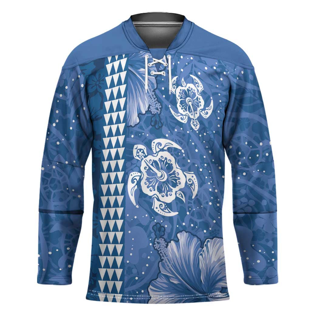 Blue Hibiscus Turle Hockey Jersey Hawaiian Style Tribal Tapa Pattern - Polynesian Pride