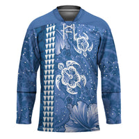 Blue Hibiscus Turle Hockey Jersey Hawaiian Style Tribal Tapa Pattern - Polynesian Pride