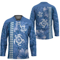 Blue Hibiscus Turle Hockey Jersey Hawaiian Style Tribal Tapa Pattern - Polynesian Pride