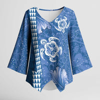 Blue Hibiscus Turle Kimono Sleeve Blouse Hawaiian Style Tribal Tapa Pattern - Polynesian Pride