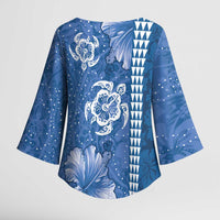 Blue Hibiscus Turle Kimono Sleeve Blouse Hawaiian Style Tribal Tapa Pattern - Polynesian Pride