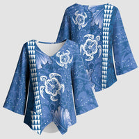 Blue Hibiscus Turle Kimono Sleeve Blouse Hawaiian Style Tribal Tapa Pattern - Polynesian Pride