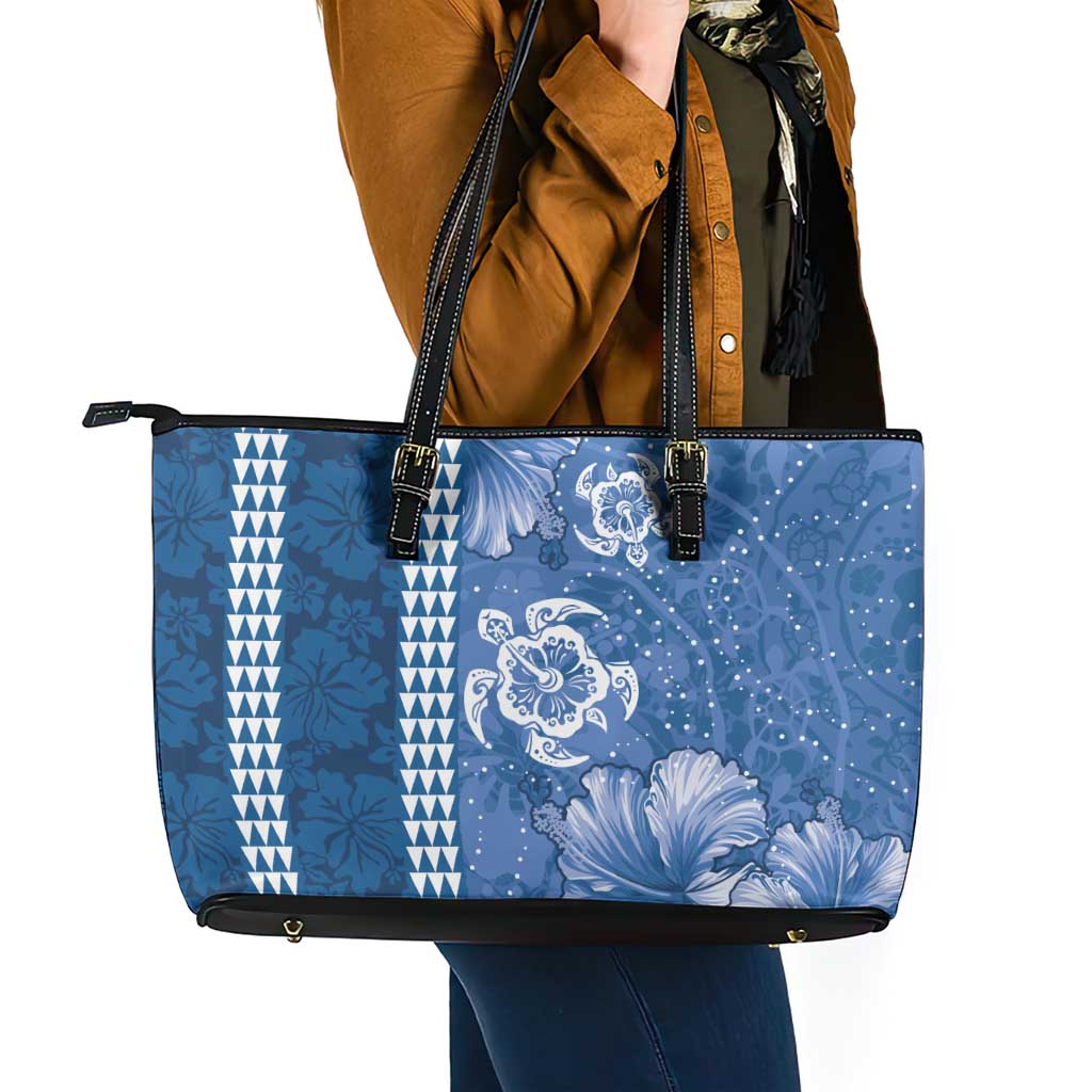 Blue Hibiscus Turle Leather Tote Bag Hawaiian Style Tribal Tapa Pattern