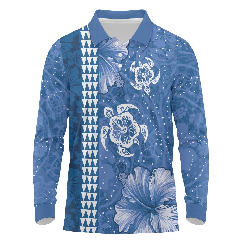 Blue Hibiscus Turle Long Sleeve Polo Shirt Hawaiian Style Tribal Tapa Pattern