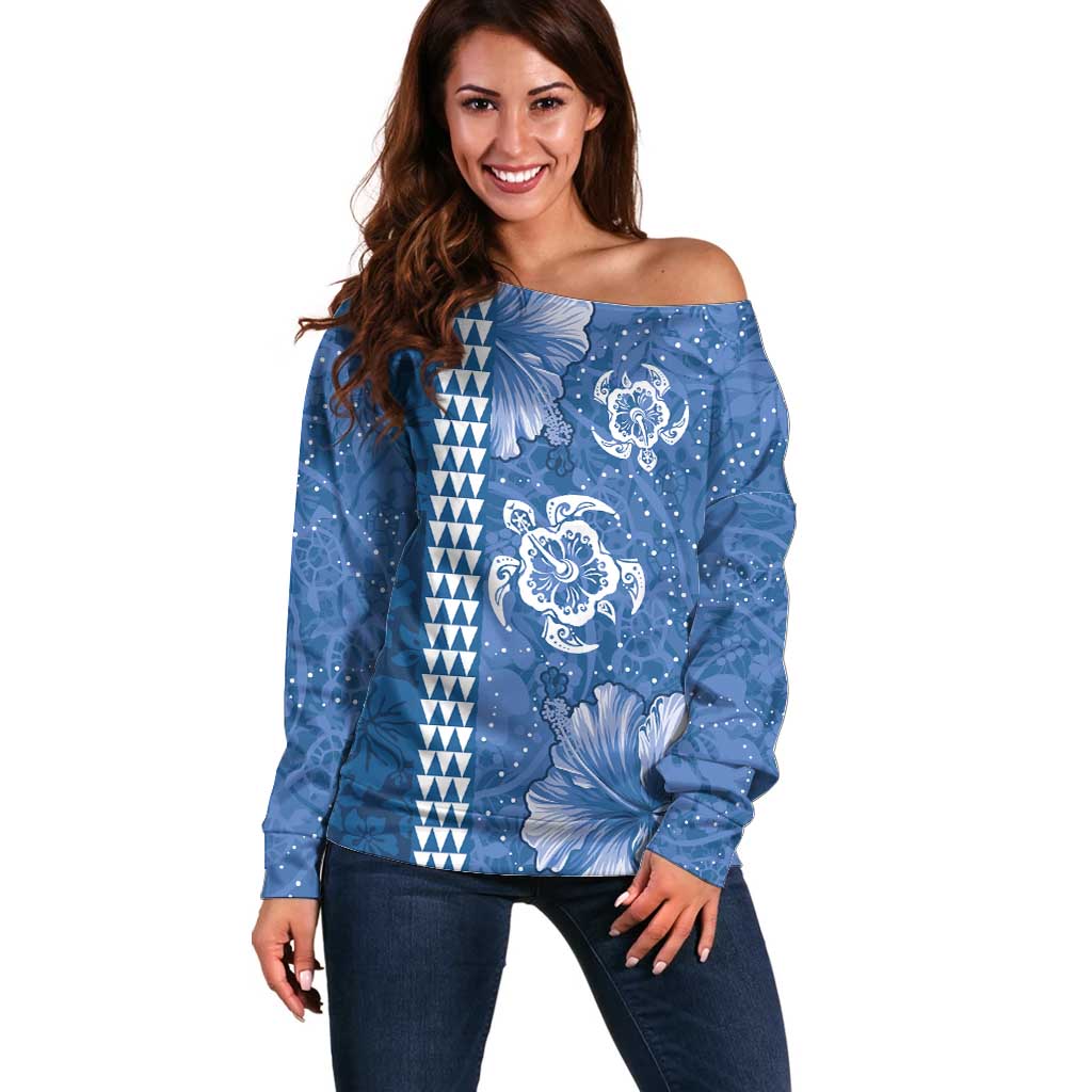 Blue Hibiscus Turle Off Shoulder Sweater Hawaiian Style Tribal Tapa Pattern