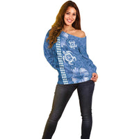 Blue Hibiscus Turle Off Shoulder Sweater Hawaiian Style Tribal Tapa Pattern