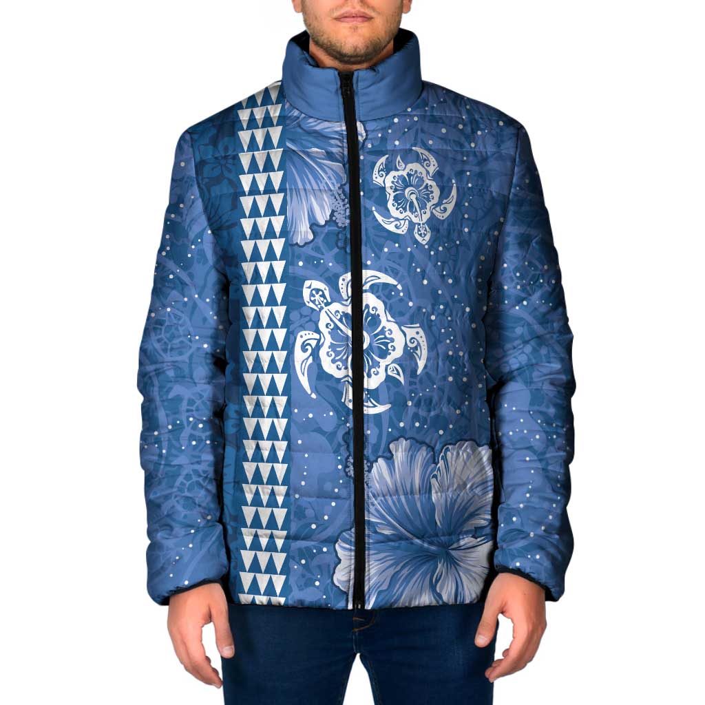 Blue Hibiscus Turle Padded Jacket Hawaiian Style Tribal Tapa Pattern - Polynesian Pride