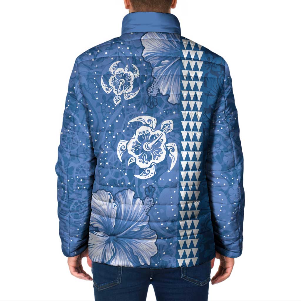 Blue Hibiscus Turle Padded Jacket Hawaiian Style Tribal Tapa Pattern - Polynesian Pride