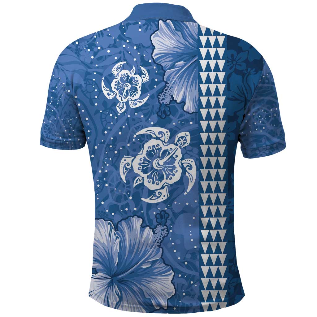 Blue Hibiscus Turle Polo Shirt Hawaiian Style Tribal Tapa Pattern