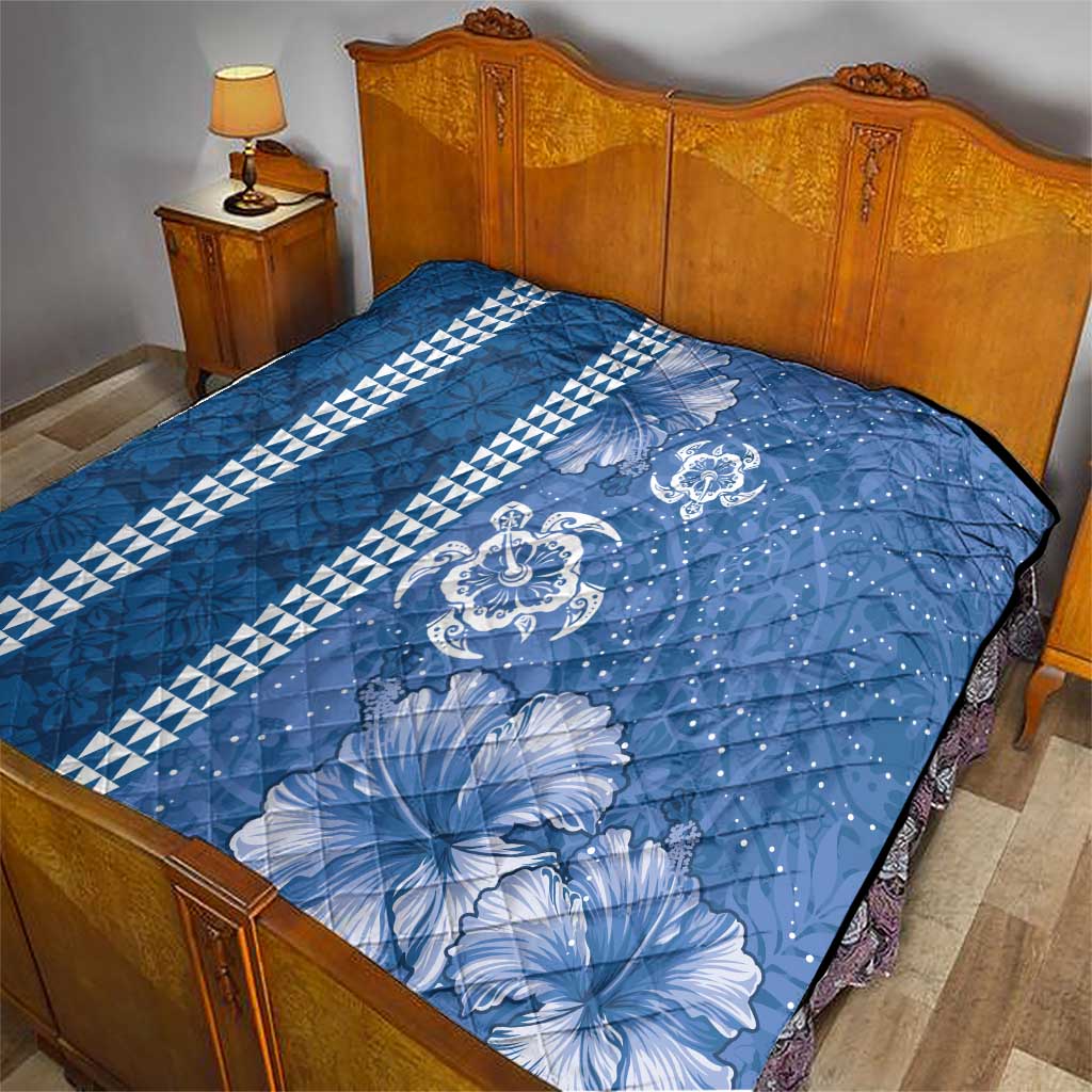 Blue Hibiscus Turle Quilt Hawaiian Style Tribal Tapa Pattern