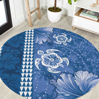 Blue Hibiscus Turle Round Carpet Hawaiian Style Tribal Tapa Pattern