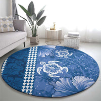 Blue Hibiscus Turle Round Carpet Hawaiian Style Tribal Tapa Pattern