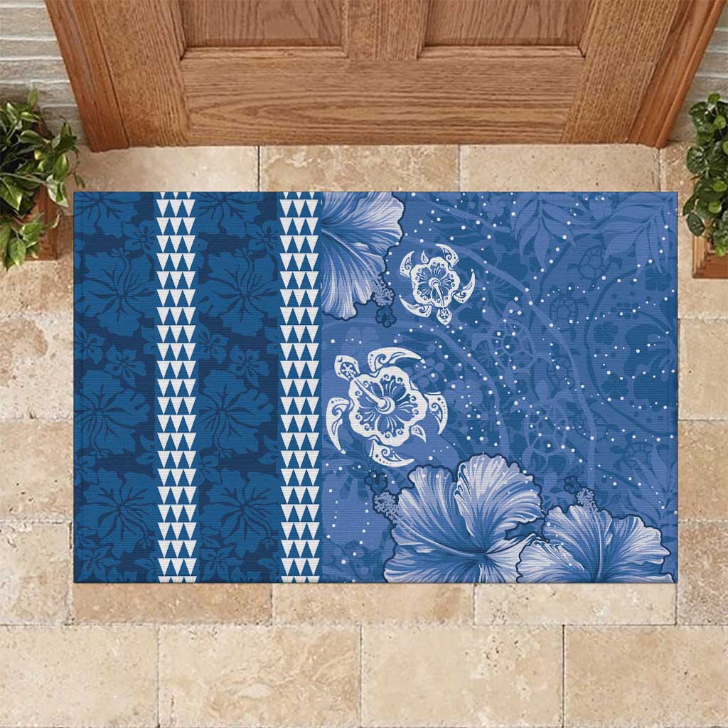 Blue Hibiscus Turle Rubber Doormat Hawaiian Style Tribal Tapa Pattern