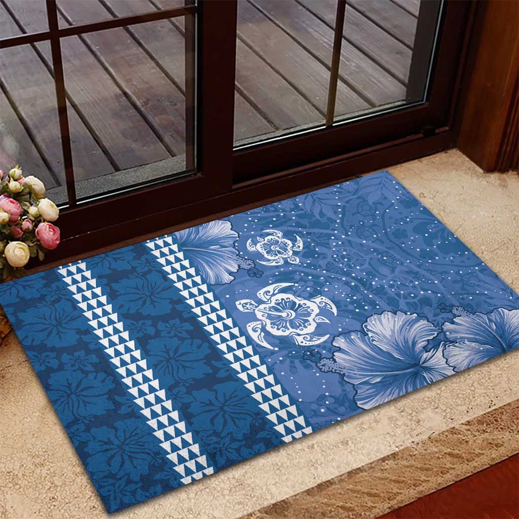 Blue Hibiscus Turle Rubber Doormat Hawaiian Style Tribal Tapa Pattern